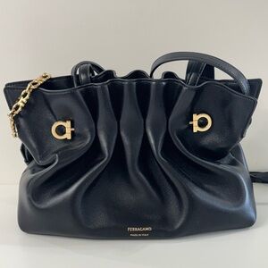 Salvatore Ferragamo Small Gancio Gathered Black Leather Handbag Gold Hardware